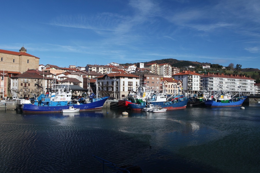 Fishing boats in Orio. Blue fishing boats attacked at Orio port, small town in Guipuzcoa, Basque country, North Spain