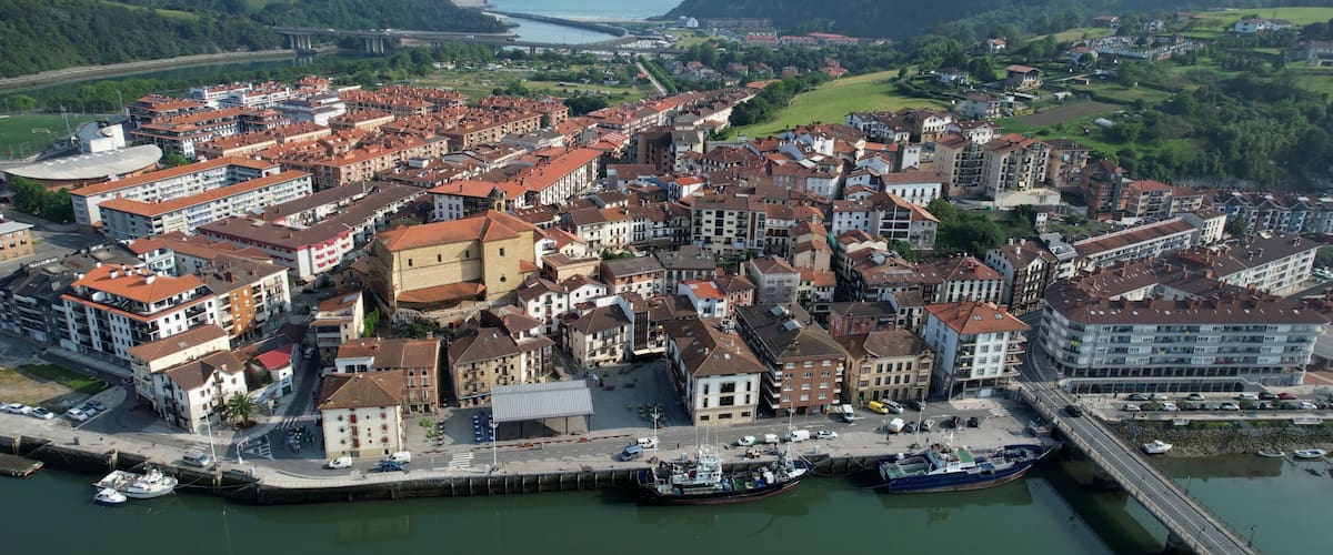 Vista aérea de un pueblo costero con edificios de techo rojo, un puerto deportivo y un puente al fondo.