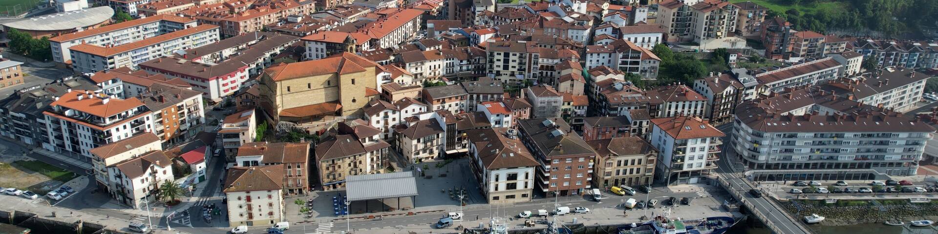 An aerial view of a coastal town with red-roofed buildings, a marina, and a bridge in the background.