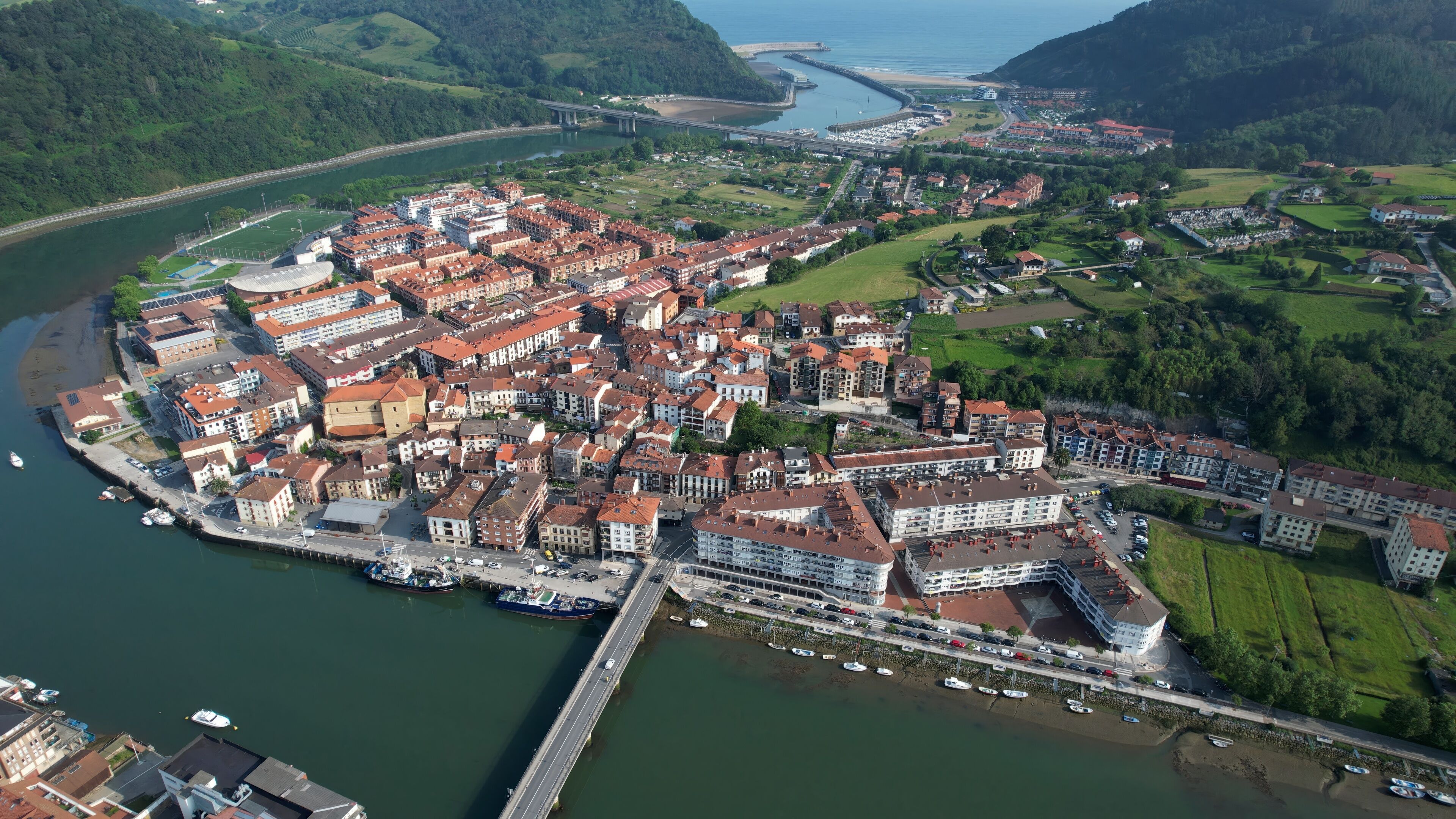 Aerial panorama view around the city Orio in Spain on a sunny spring day.

