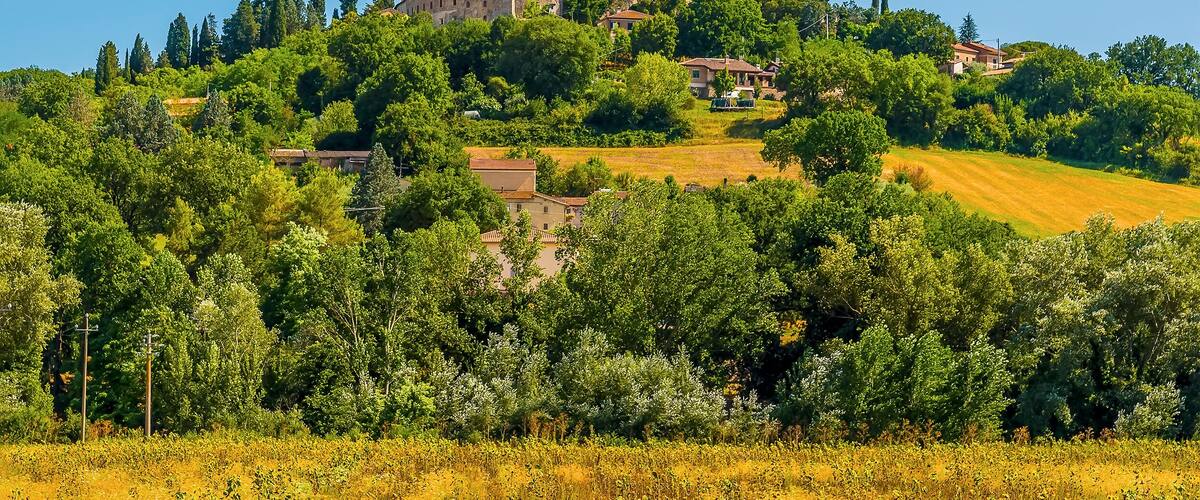 A hilltop town with historic buildings, a prominent church tower, and lush greenery.