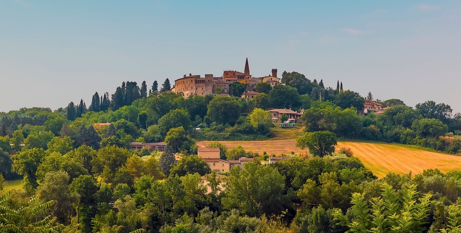 A view towards the village of Collazzone, Umbria, Italy in summer; Shutterstock ID 1476211727; Purchase Order: -