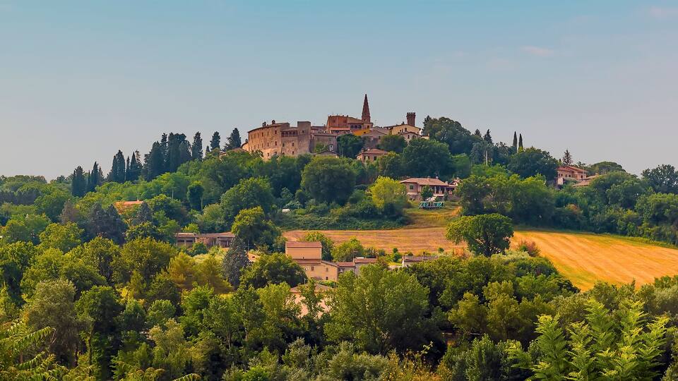 A hilltop town with historic buildings, surrounded by dense greenery and fields.