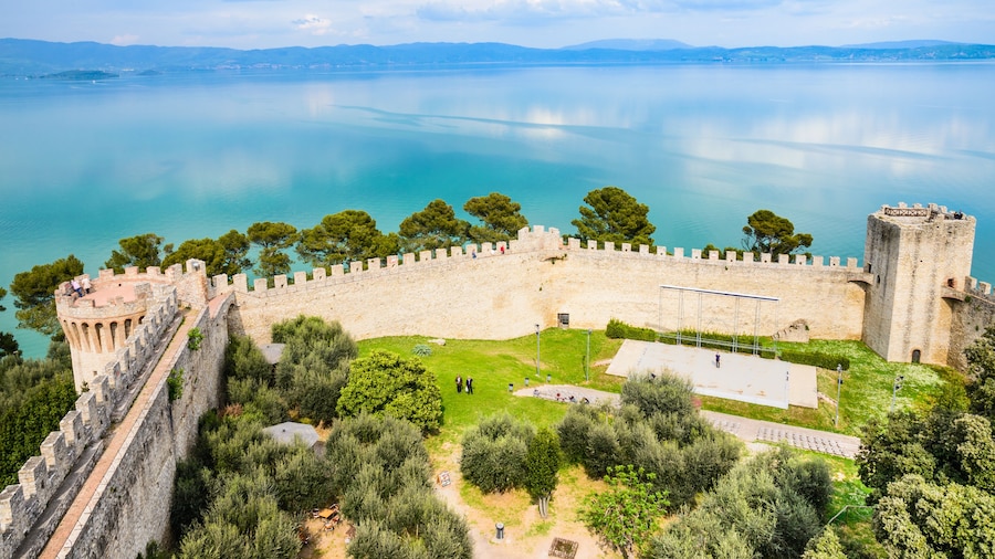 Trasimeno lake panoramic view,Castiglione del lago fortress, Umbria, Italy
