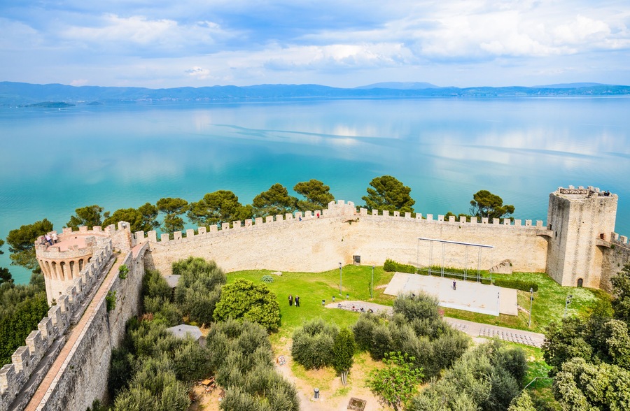 Trasimeno lake panoramic view,Castiglione del lago fortress, Umbria, Italy