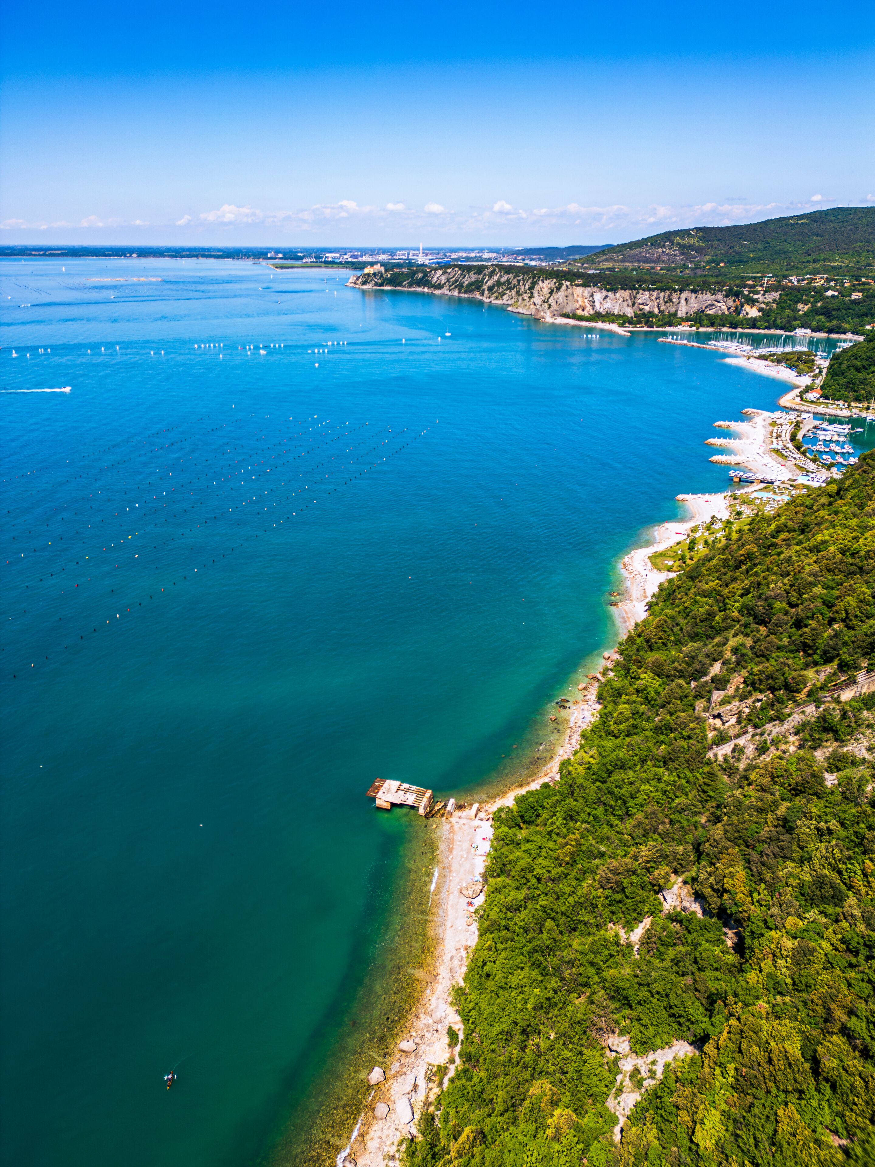 Un paisaje costero con mar azul cristalino, una playa arenosa y una ladera cubierta de bosque.