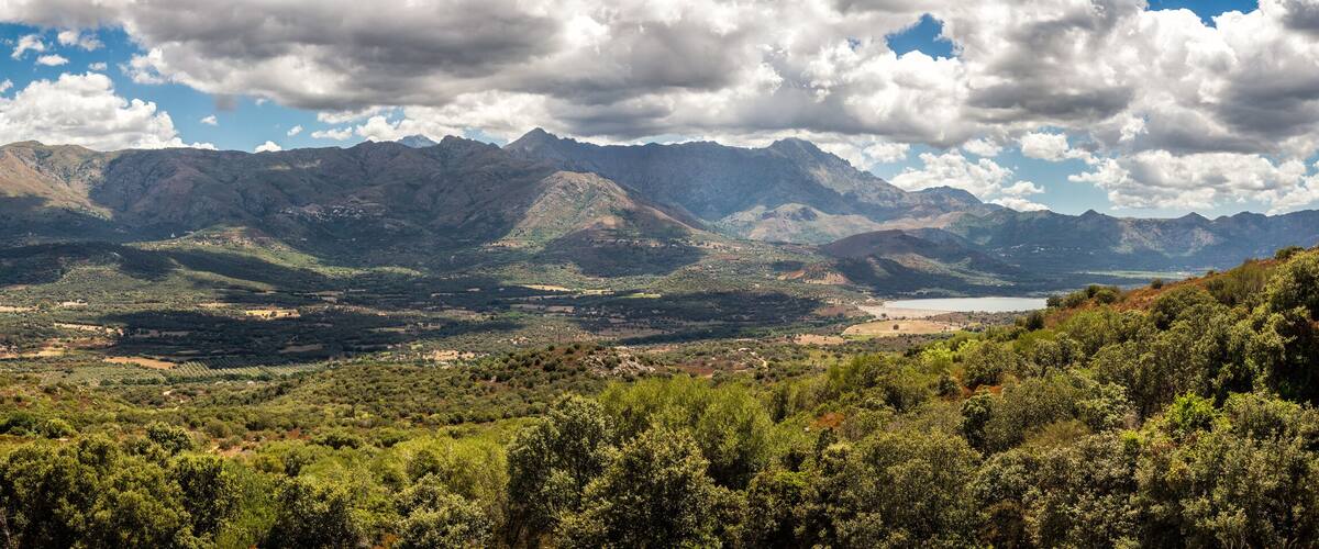 A mountainous landscape with a valley, dense forest, and a lake.