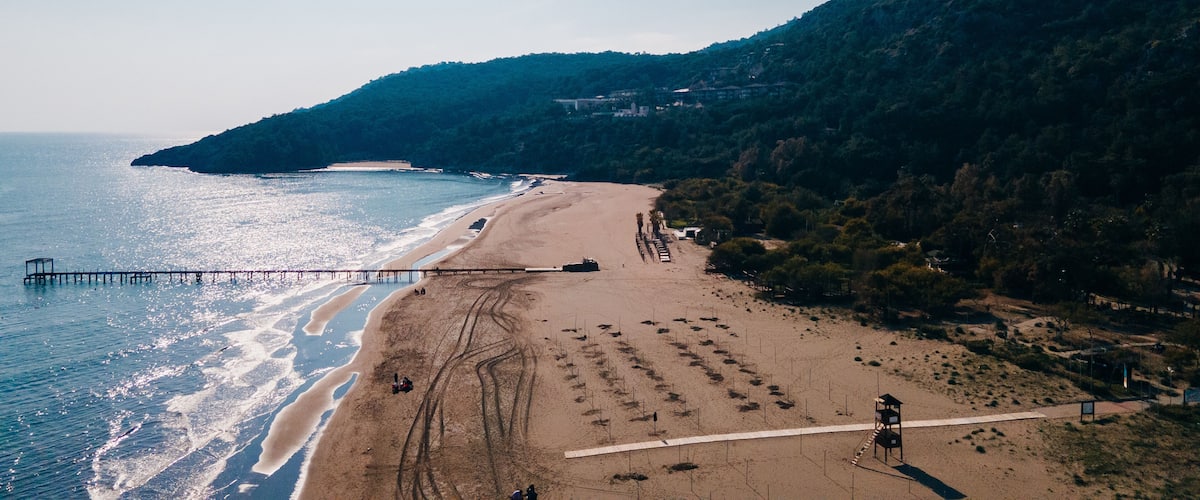 A coastal landscape with a sandy beach, a pier extending into the sea, and a forested hill in the background.