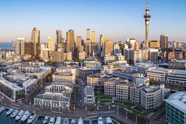 Aerial: Panoramic view of Auckland city skyline from viaduct harbour, New Zealand