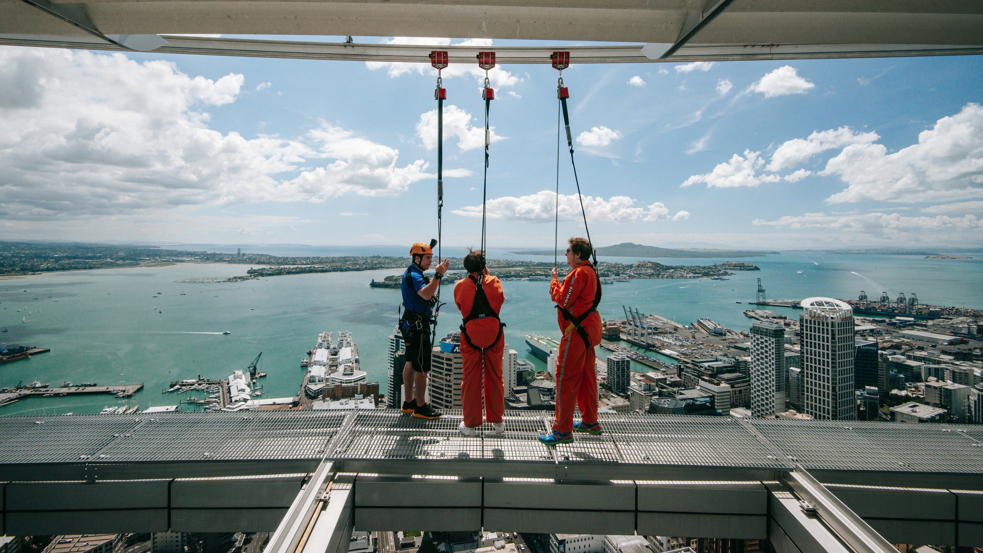 Sky Tower featuring landscape views and bungee jumping as well as a small group of people