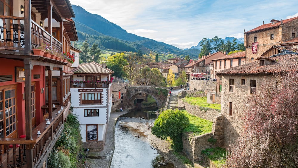 views of potes mountain town in the heart of picos de europa, Spain
