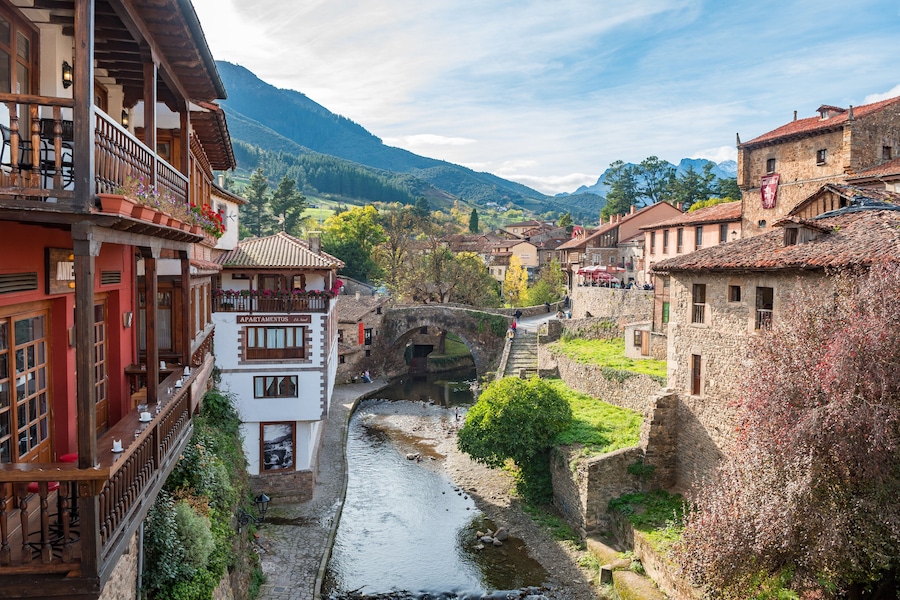 views of potes mountain town in the heart of picos de europa, Spain