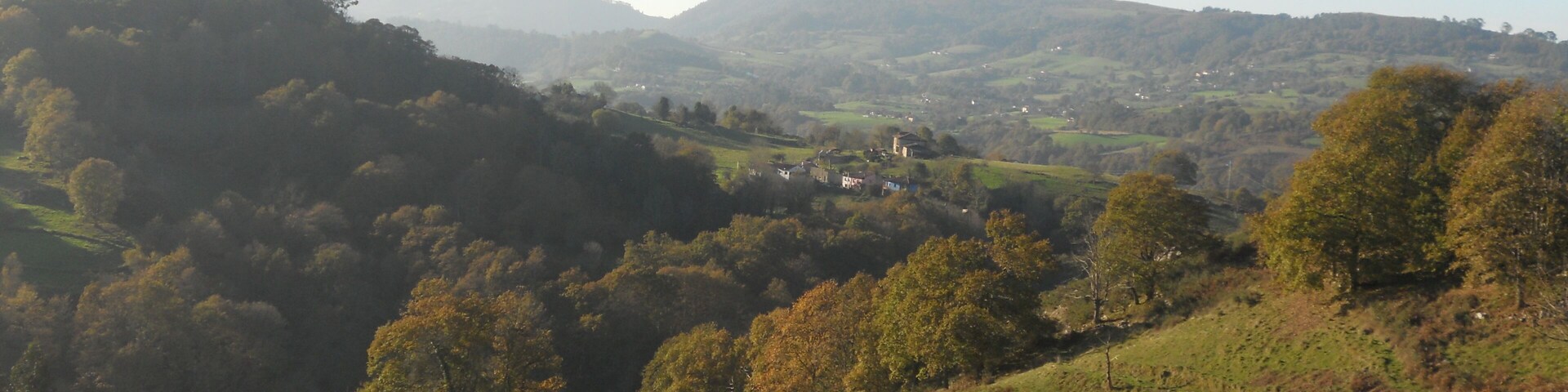 A green valley with rolling hills and scattered trees.