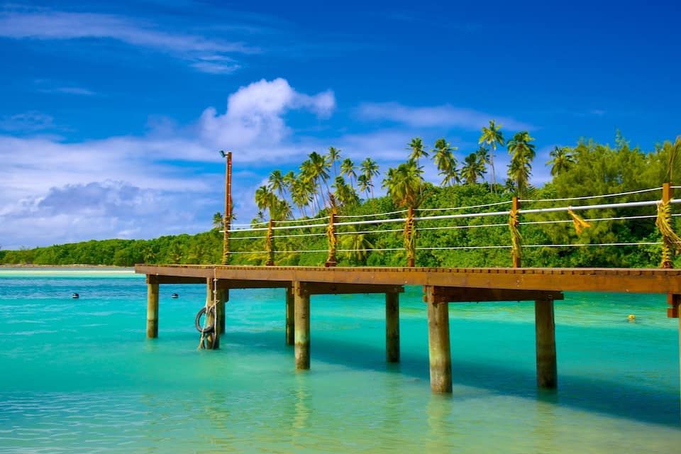 A wooden pier extending into turquoise waters, supported by wooden pillars, with palm trees and a clear sky in the background.