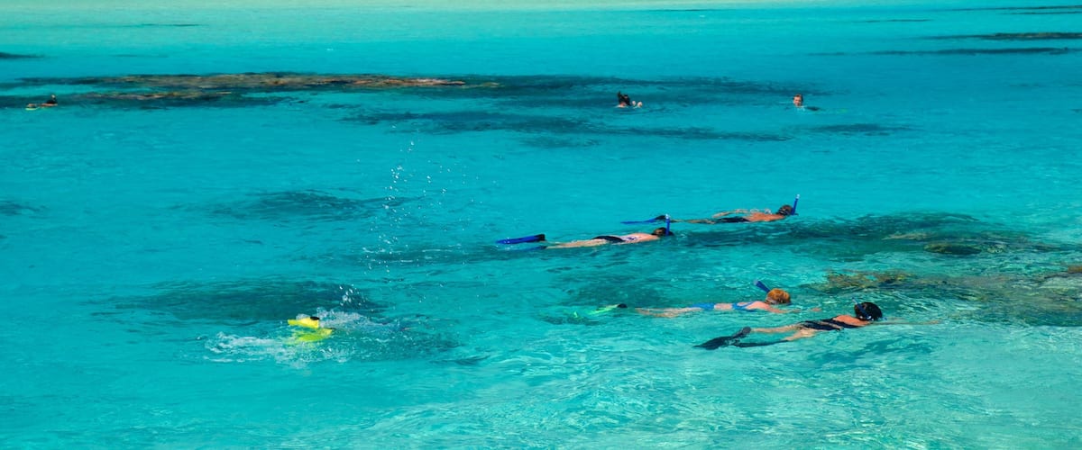 A clear turquoise sea with swimmers and snorkelers.
