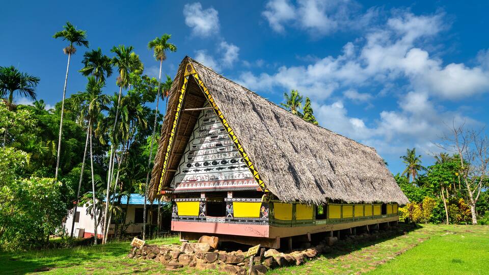 A traditional thatched-roof house with vibrant yellow and pink walls, surrounded by lush greenery and palm trees.