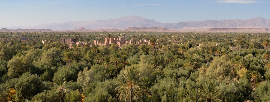 Kasbah Amridil in the Skoura oasis Palm Grove Dades Valley with High Atlas Mountains Morocco