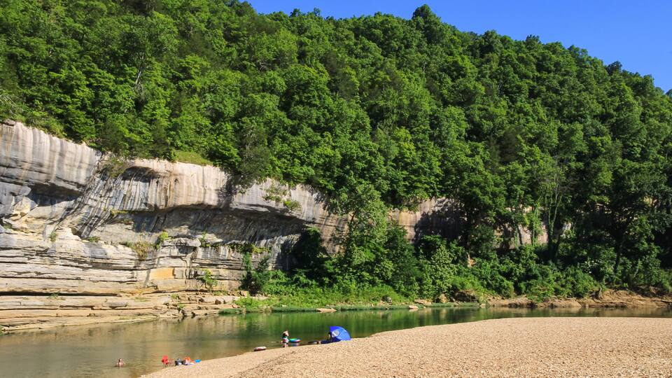 A riverbank with a rocky cliff and dense forest.