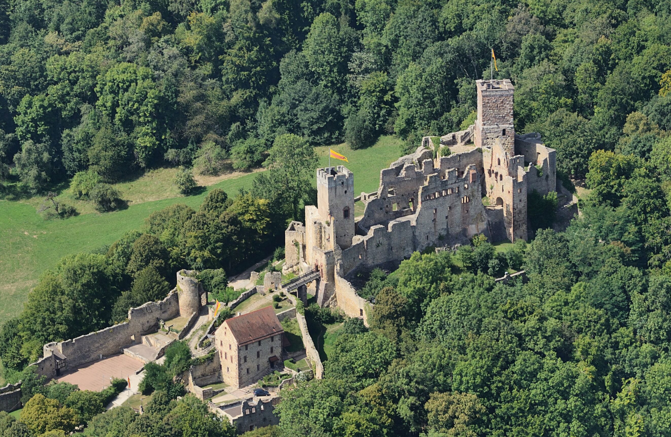 An aerial view of a medieval castle surrounded by dense forest.