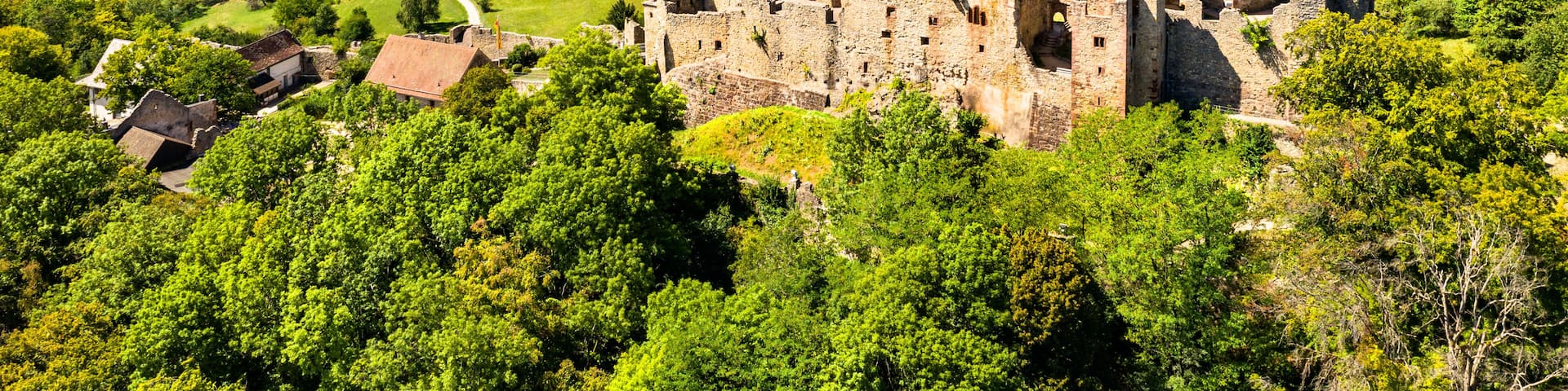 A medieval castle surrounded by lush greenery and a small village.