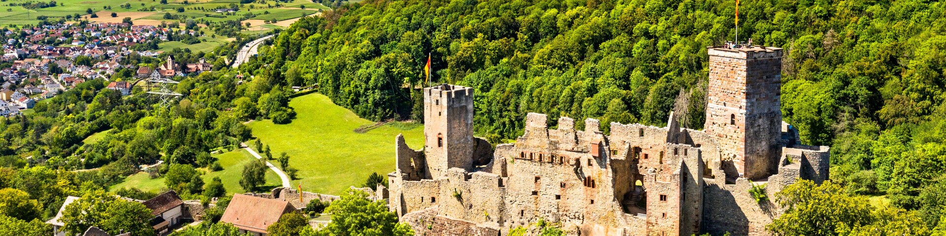 A medieval castle surrounded by lush greenery and a small village.