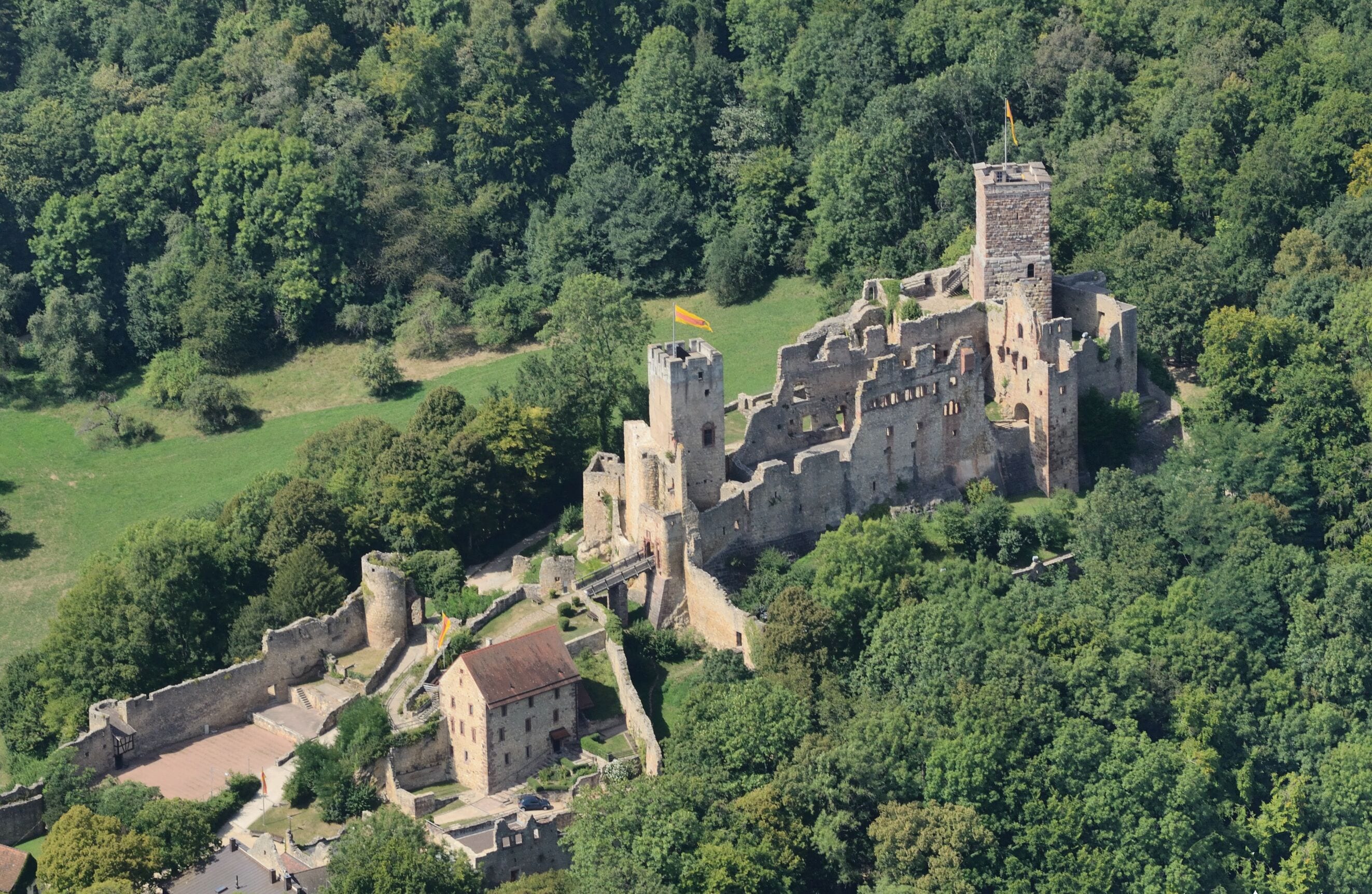 An aerial view of a medieval castle surrounded by dense forest.