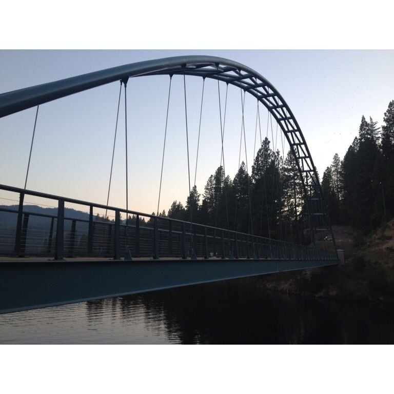 Dusk on Lake Siskiyou at the suspension bridge that completes the lake loop trail.