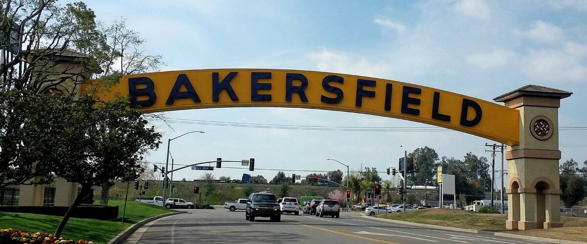 The iconic arch sign of the Bakersfield city, which is also part of US  Route 99 - the golden state freeway.