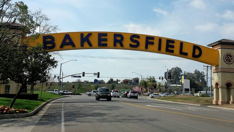 The iconic arch sign of the Bakersfield city, which is also part of US Route 99 - the golden state freeway.