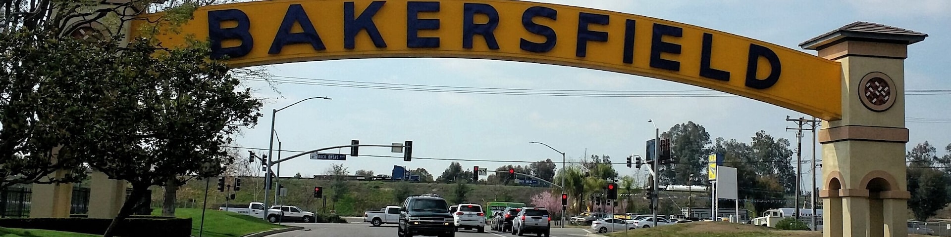 The iconic arch sign of the Bakersfield city, which is also part of US  Route 99 - the golden state freeway.