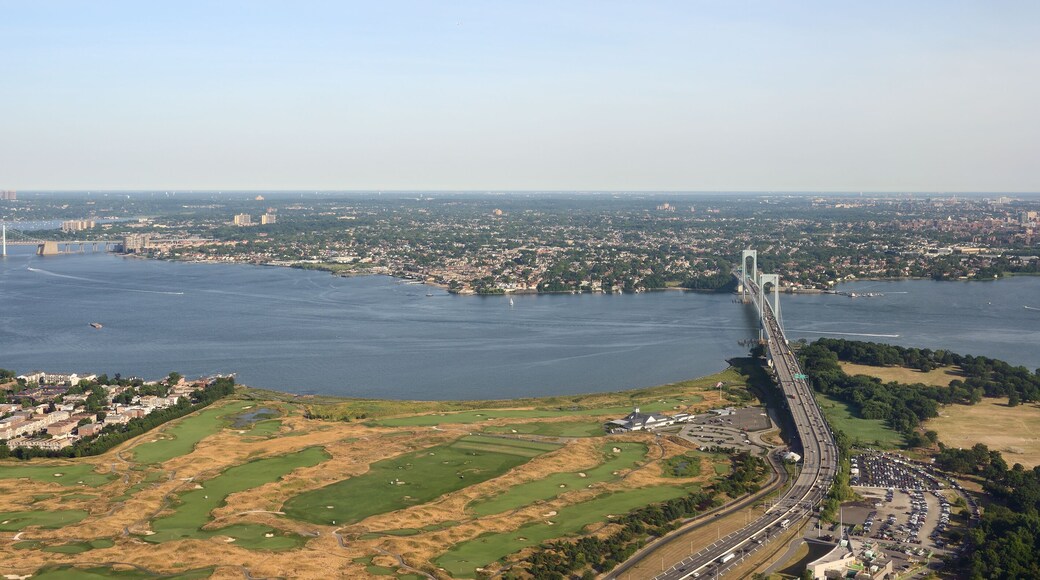 Summer landscape. Bronx-Whitestone Bridge, suspension bridge, and Throgs Neck Bridge, suspension bridge, in New York