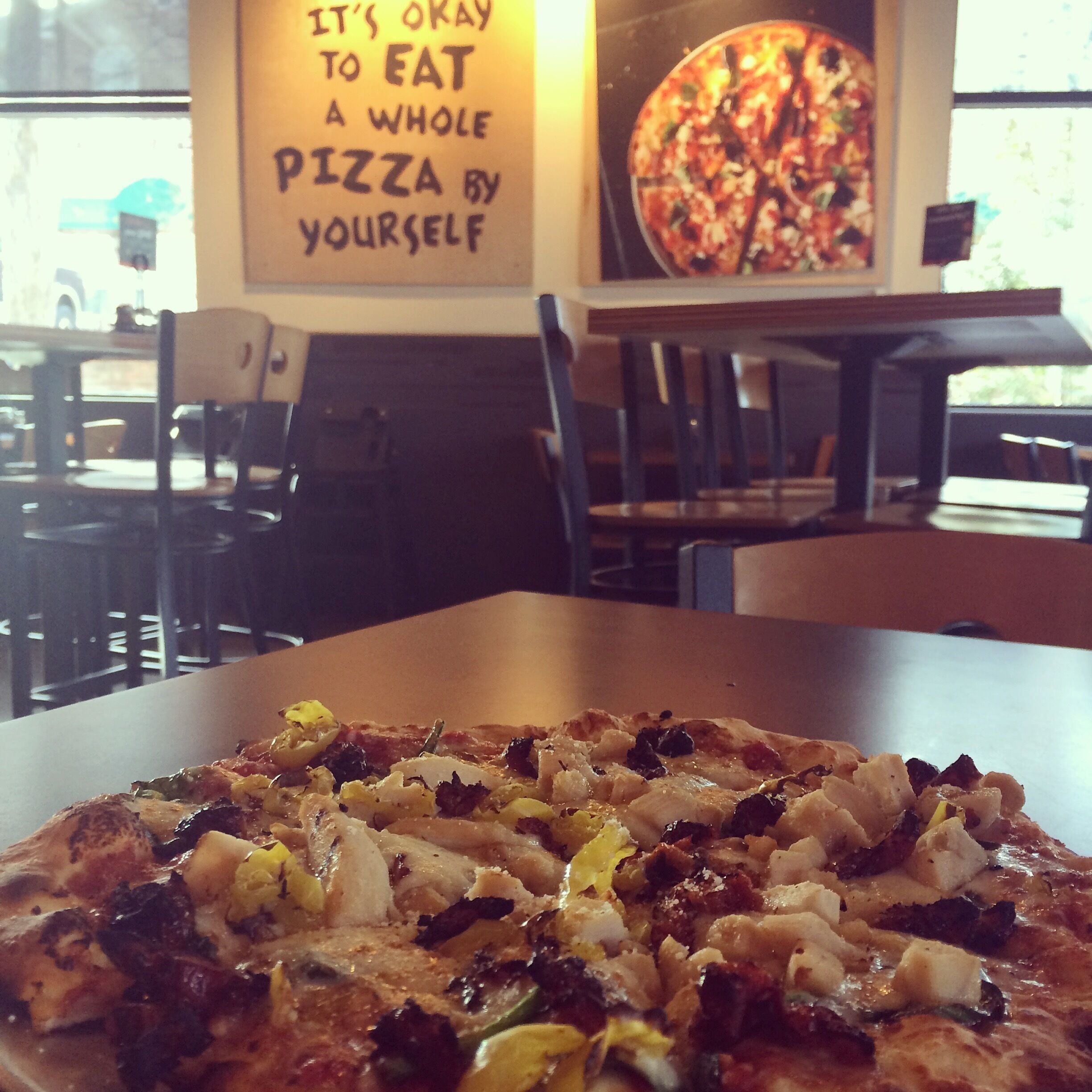 Really good pizza! Personal size, custom made in front of you and ready in like 5 minutes. They have some healthy options, and affordable. Pie Five!