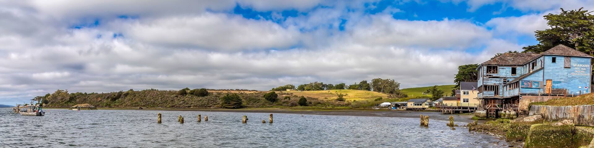 Marshall bay coastline with buildings.
