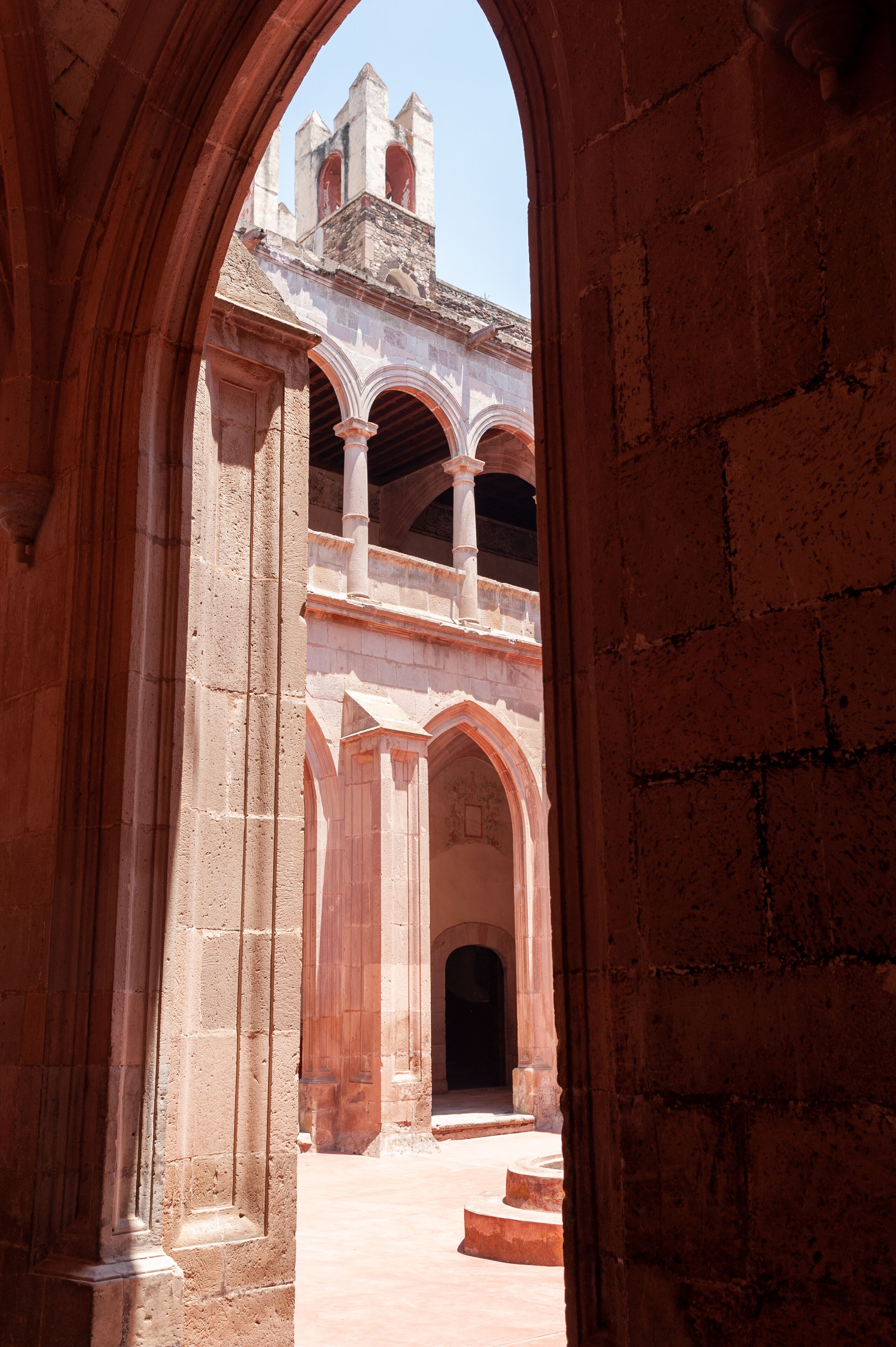 Mexico, April 9 2011: Colonial church framed by arches