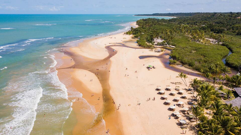 Trancoso, Porto Seguro, Bahia. Aerial view of Praia dos Nativos and Praia dos Coqueiros