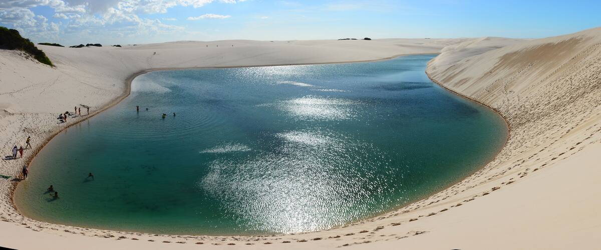 A large body of water surrounded by sand dunes.
