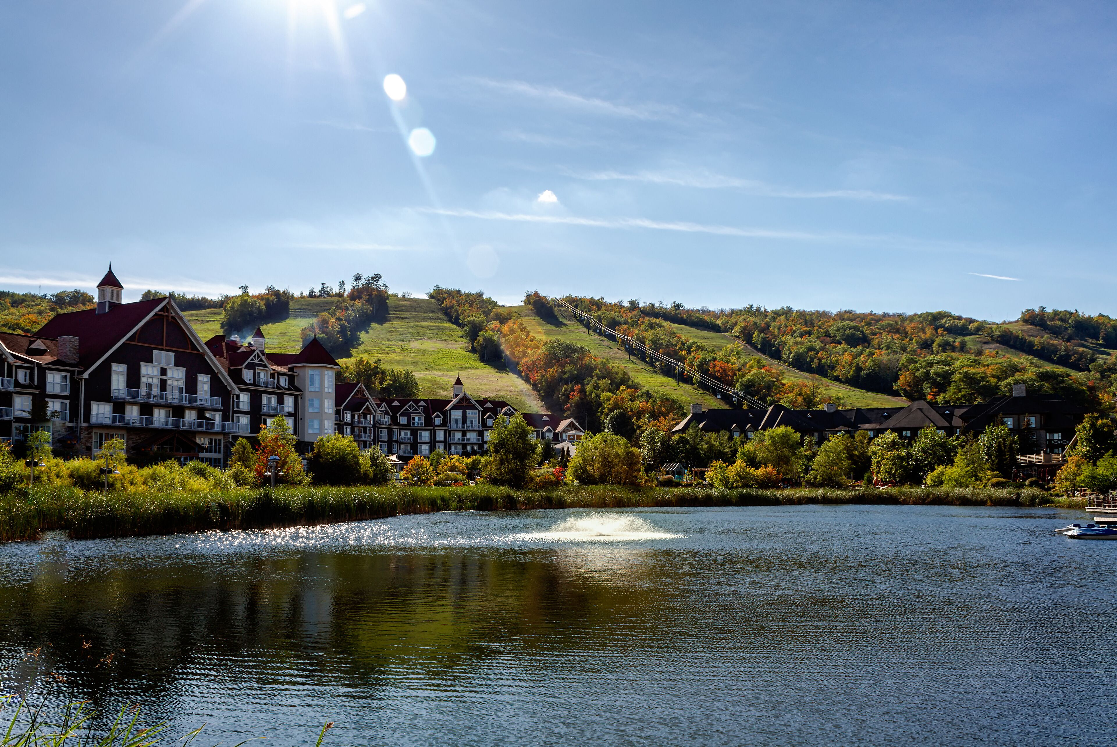 View of Mill pond and water fountain, Blue Mountains Village