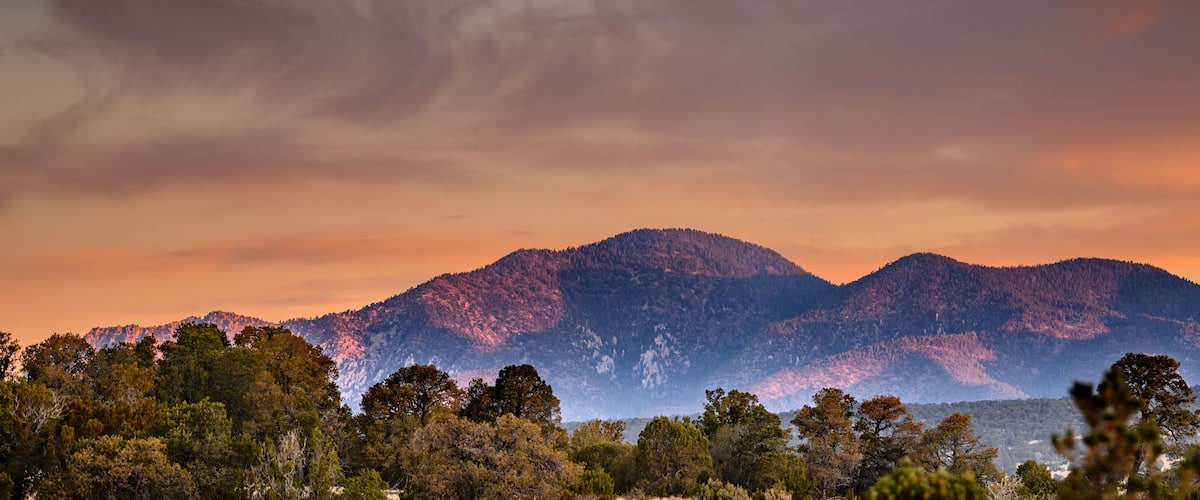 A mountain range with dense forests at the base.