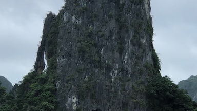 A large limestone karst formation with a cave entrance at its base, surrounded by lush greenery and a sandy beach.