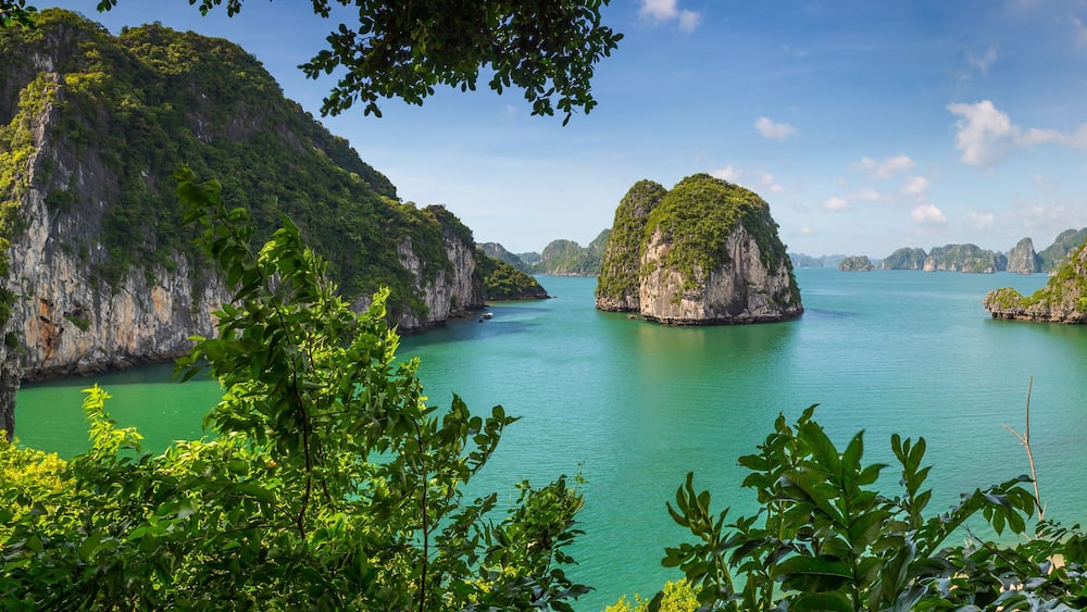View through tropical foliage to tranquil bay with islands and mountains at Ha Long Bay in Vietnam