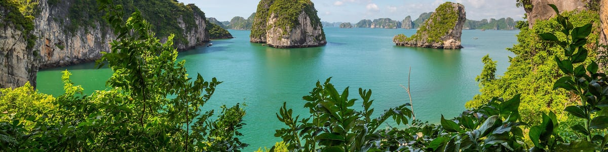 View through tropical foliage to tranquil bay with islands and mountains at Ha Long Bay in Vietnam