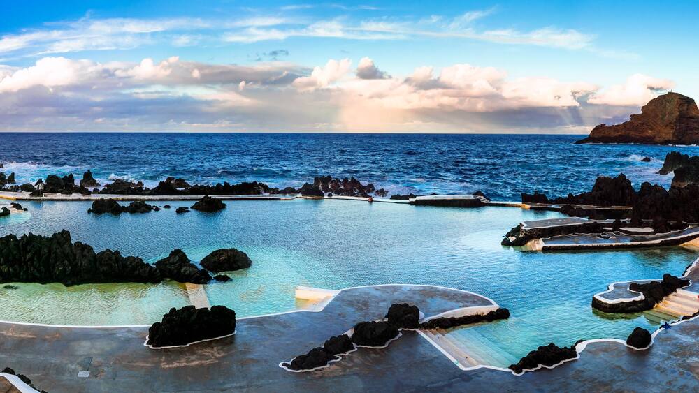 Porto Moniz, Madeira Island, Portugal .Volcanic lava natural swimming pools, popular tourist attraction