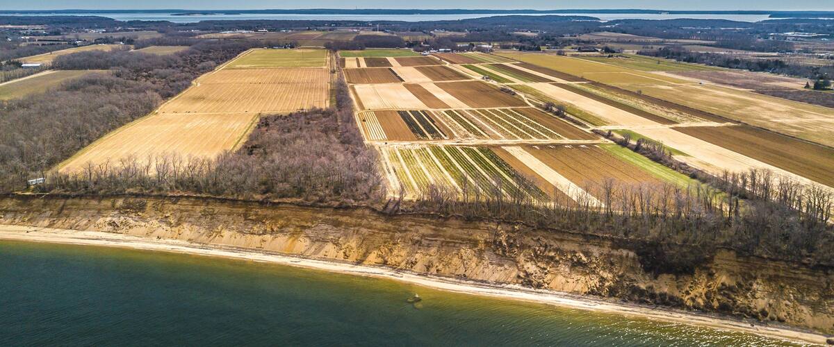 An aerial view of agricultural fields, a river, and a distant body of water.