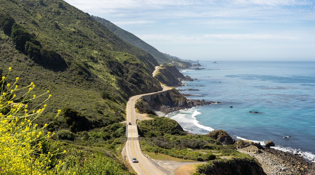 Una carretera costera serpentea a través de un paisaje montañoso con vista al océano.