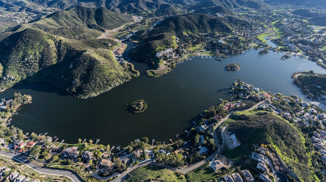 Aerial view of Lake Sherwood and the Santa Monica Mountains near Westlake Village, Malibu and Thousand Oaks California.