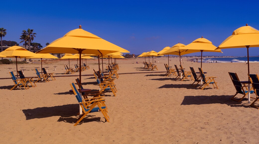 Yellow umbrellas and beach chairs on Ventura beach, California