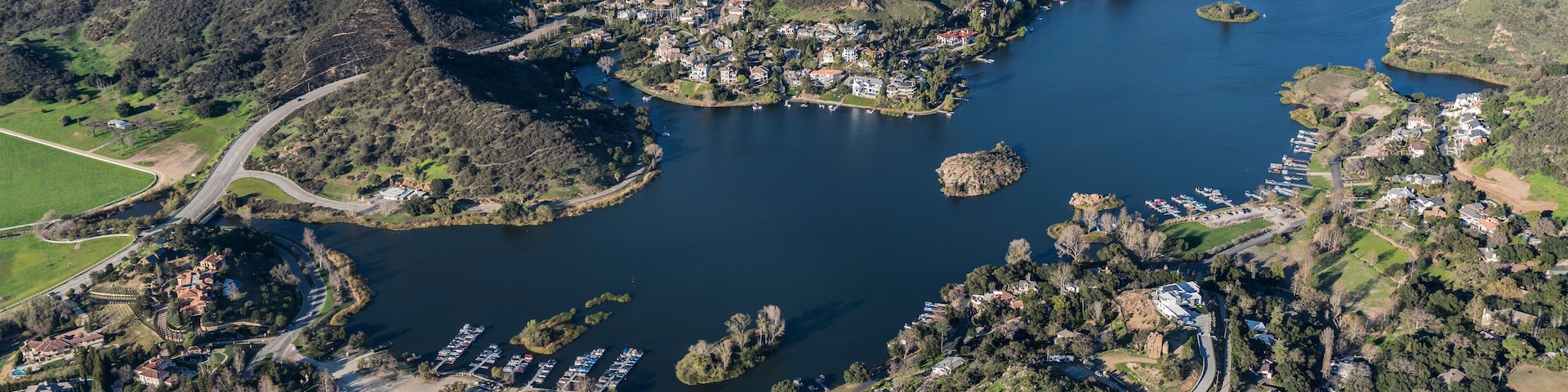 Aerial view of scenic Lake Sherwood and Thousand Oaks in Ventura County, California.