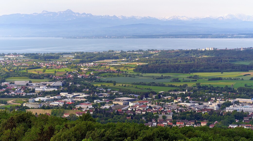View from Gehrenberg to Markdorf with neighboring communities, Germany. In the background Lake Constance and the Swiss Alps