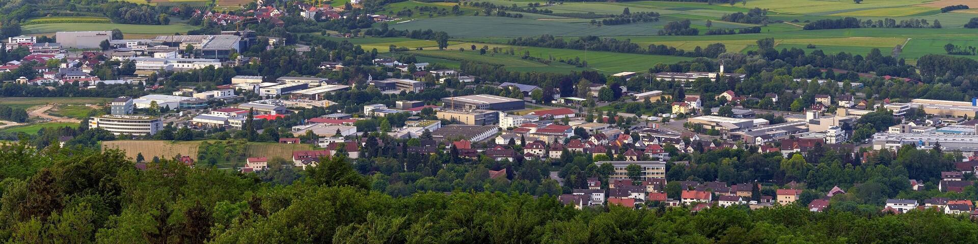 View from Gehrenberg to Markdorf with neighboring communities, Germany. In the background Lake Constance and the Swiss Alps