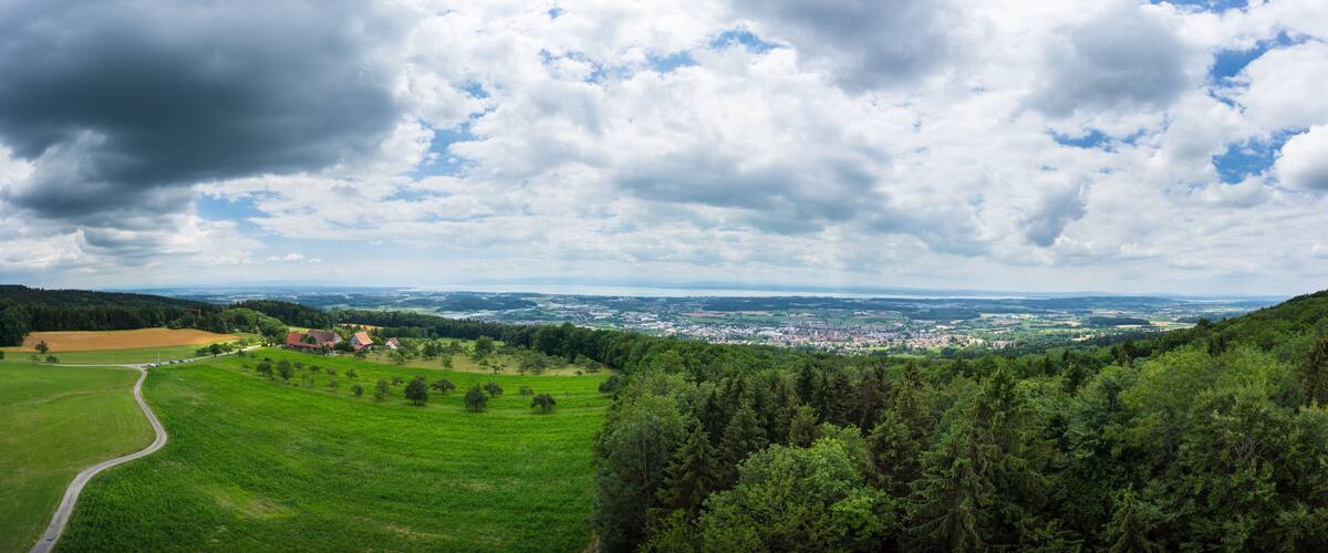 A lush green landscape with a winding road, dense forests, and a distant town under a partly cloudy sky.